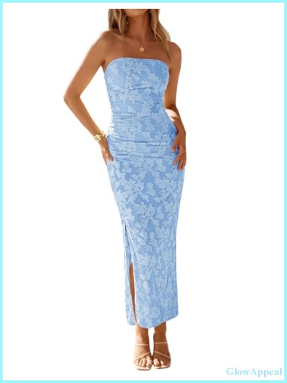 Strapless Floral Bodycon Maxi Dress with Side Slit - Mesh Off Shoulder Sundress